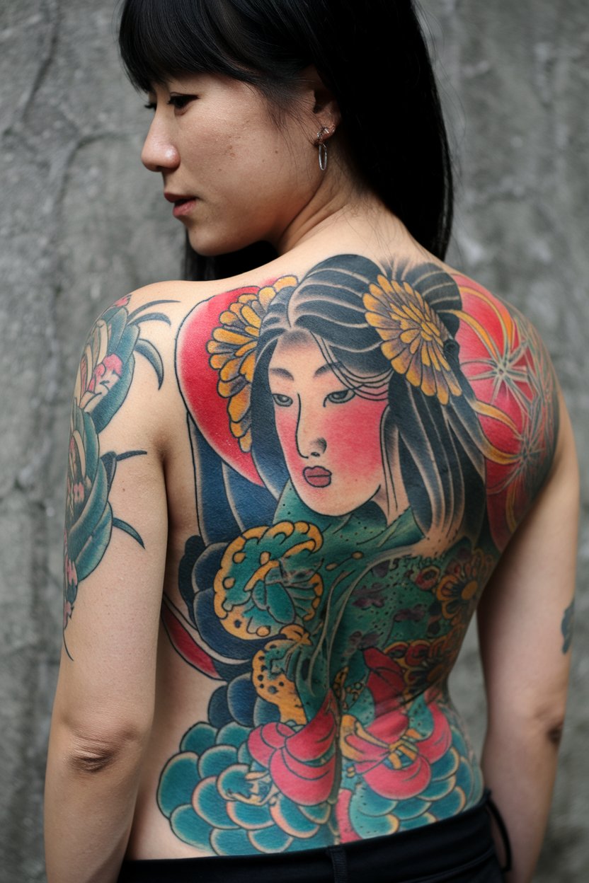 A Japanese half sleeve tattoo of a woman with a colorful full back design, combining modern hues with traditional Japanese elements.