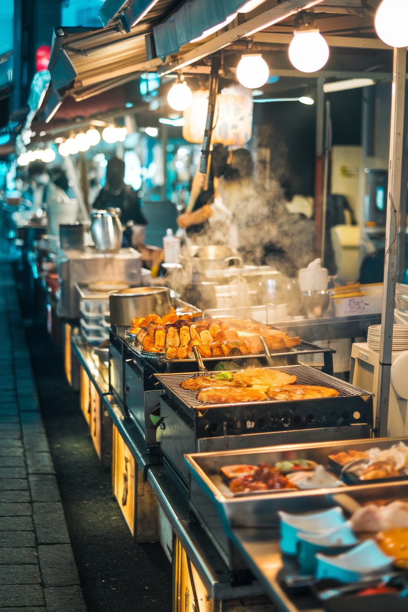 A photo of a Tokyo street lined with food stalls at
night. There are sizzling grills, colorful dishes, and steam rising from the food. The stalls are illuminated by warm lighting. The background contains a vibrant, lively night market atmosphere.