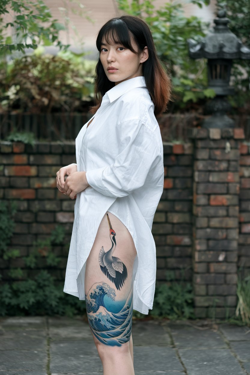 A Japanese woman shown with a beautifully shaded Irezumi leg tattoo, her face clearly captured.