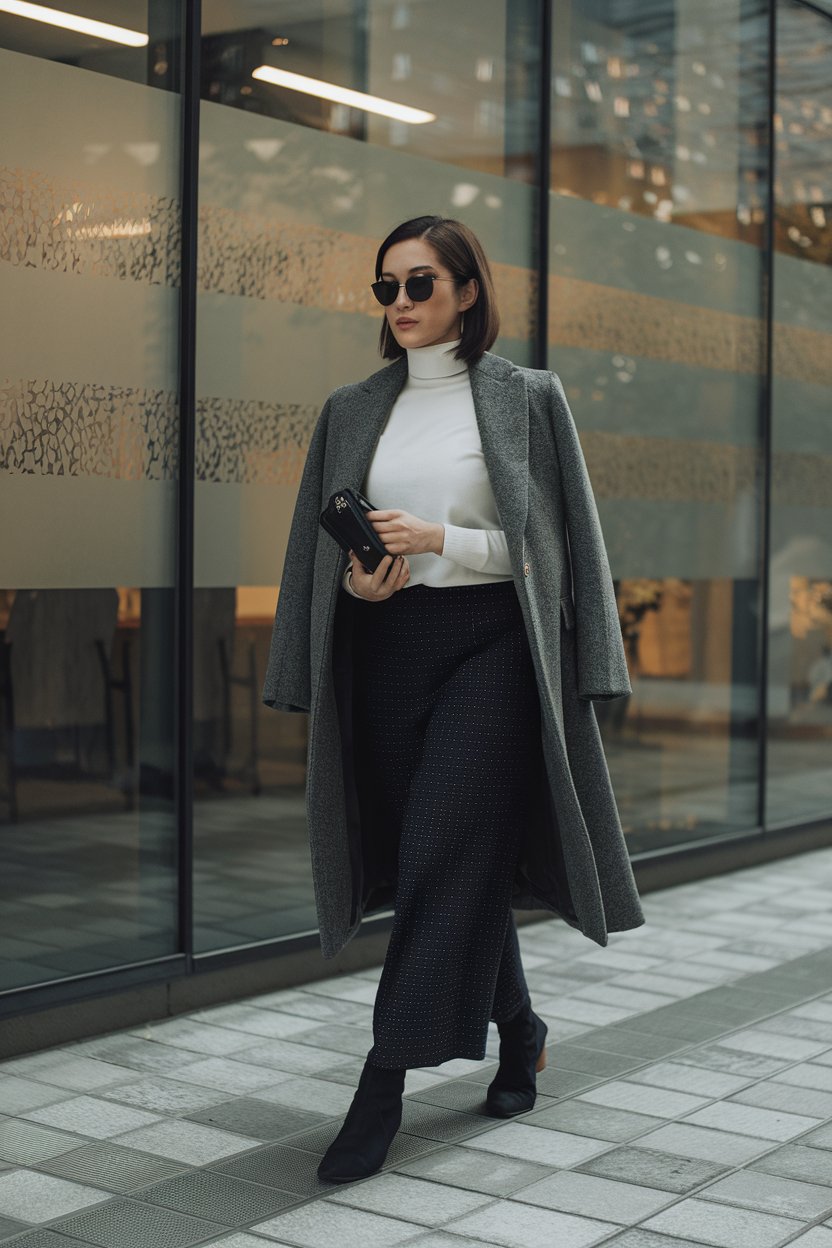 Japanese woman in sleek business-casual winter
look with turtleneck and tailored coat, Marunouchi offices — japanese winter outfits.