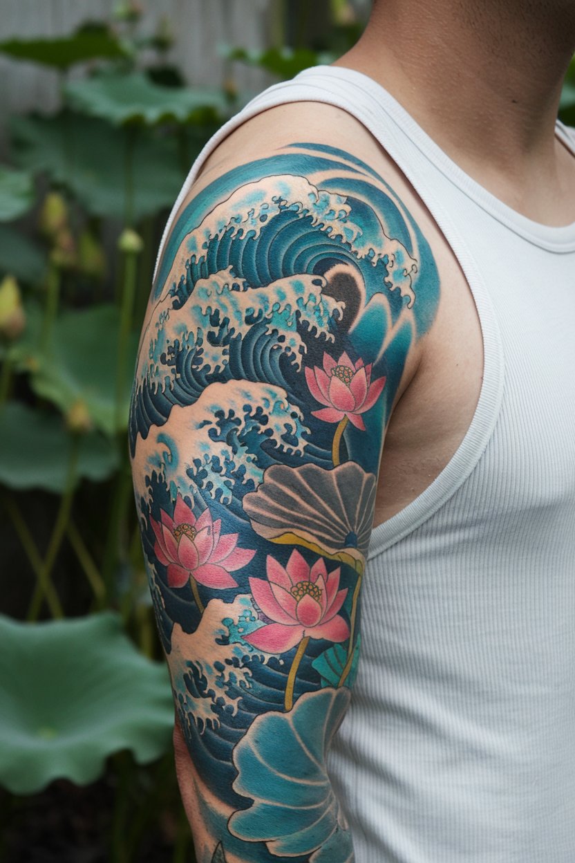 The image shows strong ocean waves blending harmoniously with blooming lotus flowers.