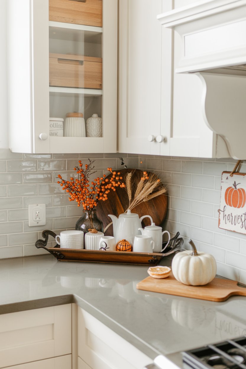 Top of the fridge fall decor with a woven basket and mini pumpkins