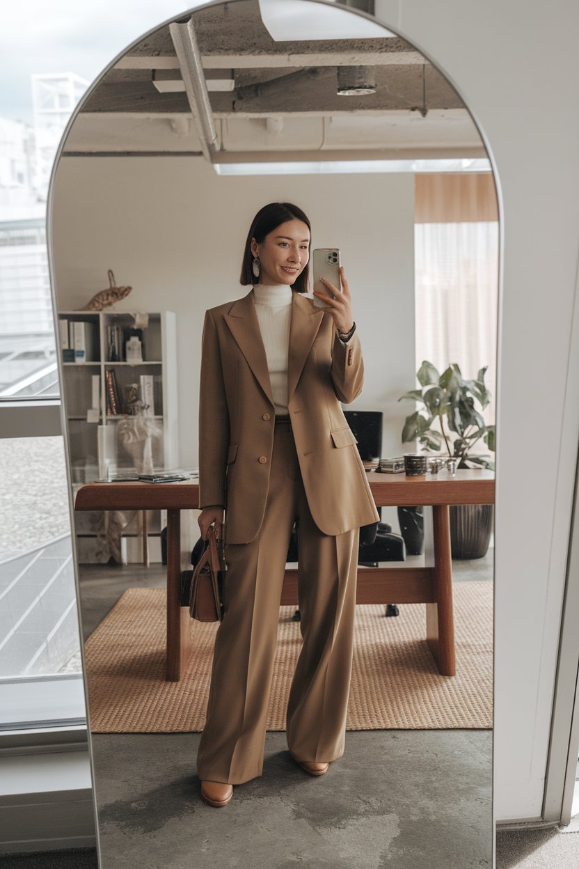 Japanese woman taking a mirror selfie wearing
layered earthy office pieces in brown and beige tones, modern office environment — women business outfits earth tones.