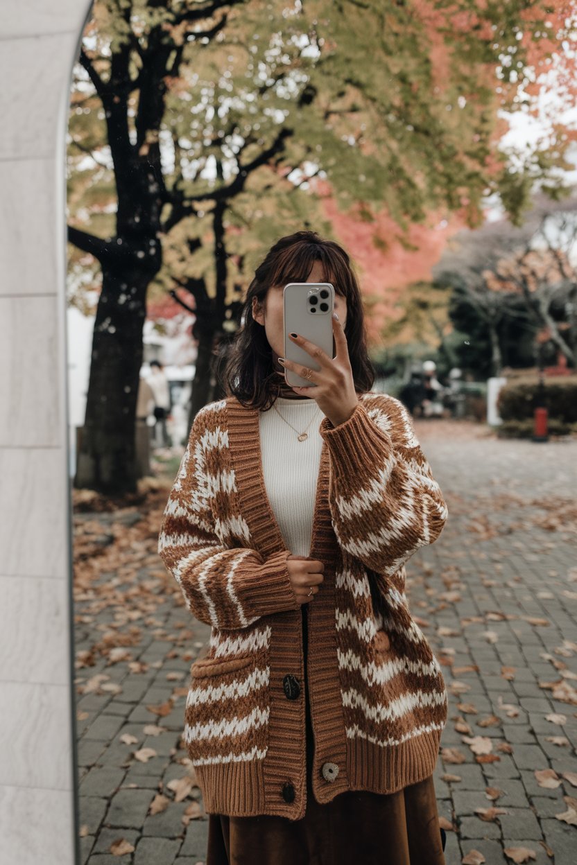 Japanese woman taking a mirror selfie in layered
knitwear with a cardigan and warm autumn tones — japanese women autumn fashion.