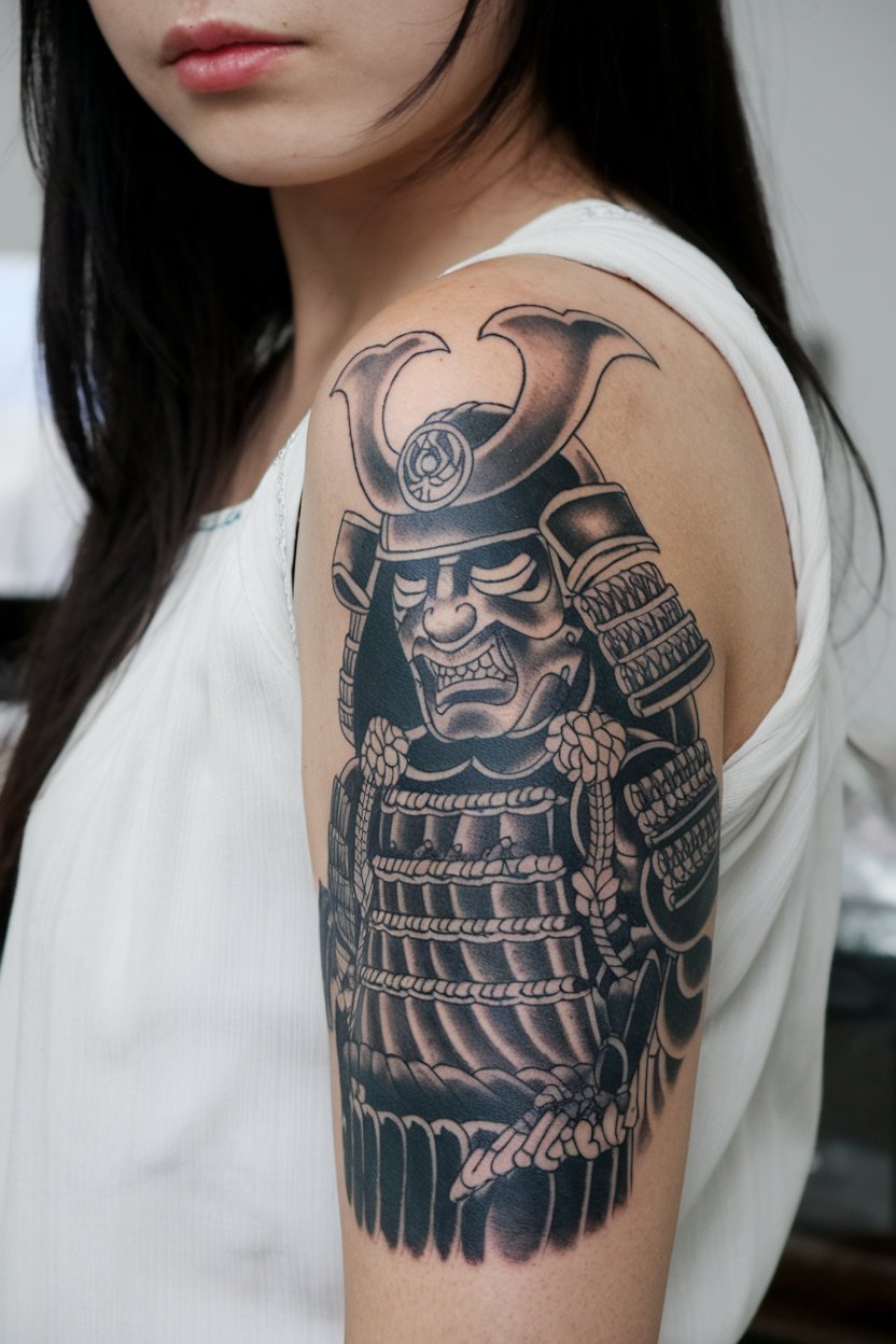 A Japanese woman adorned with a minimalist Samurai tattoo, captured with her face in clear focus.