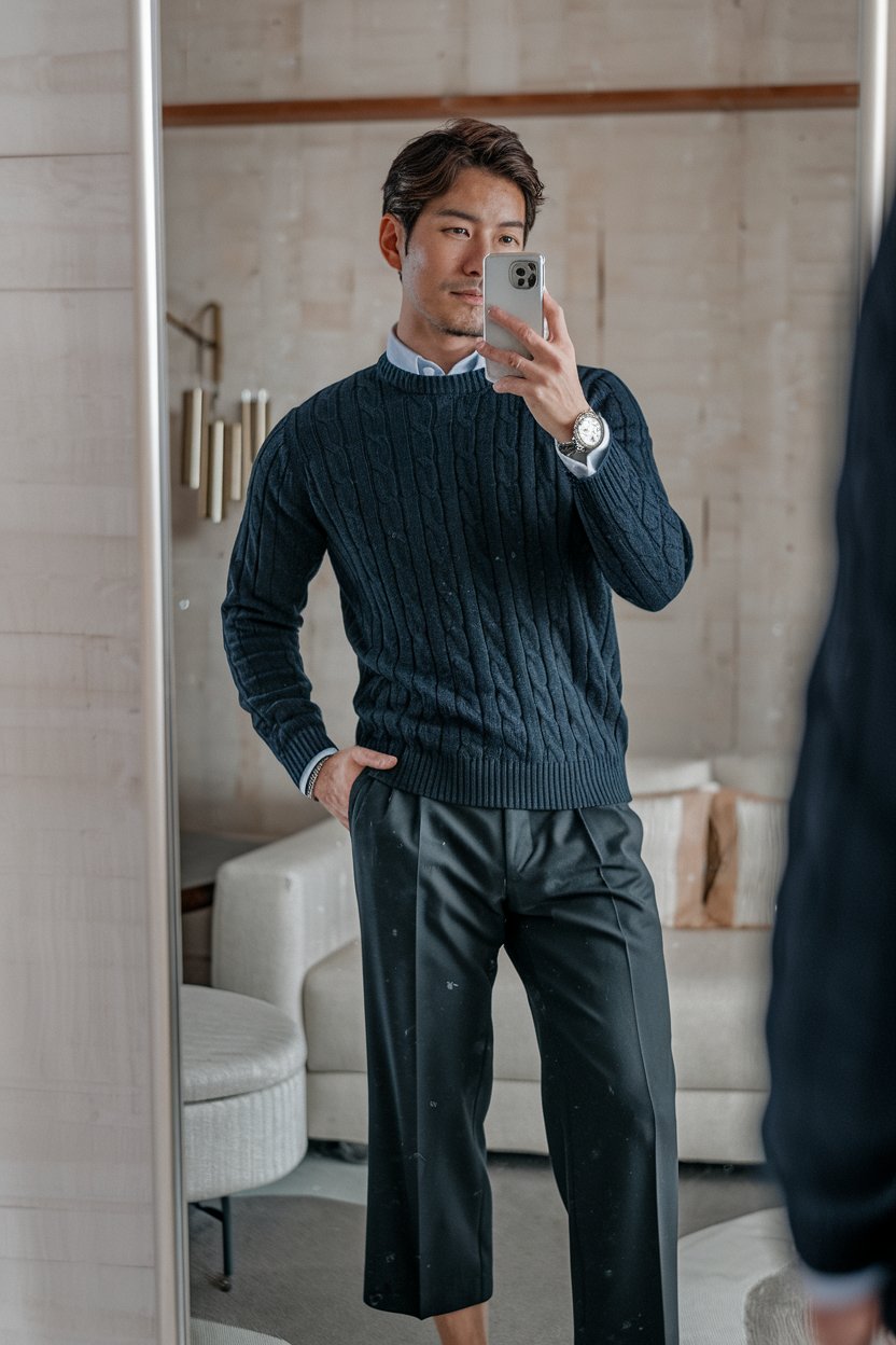 Japanese man taking a mirror selfie wearing a
premium knit sweater and cropped tailored pants, soft elegant lighting — japanese mens business casual.