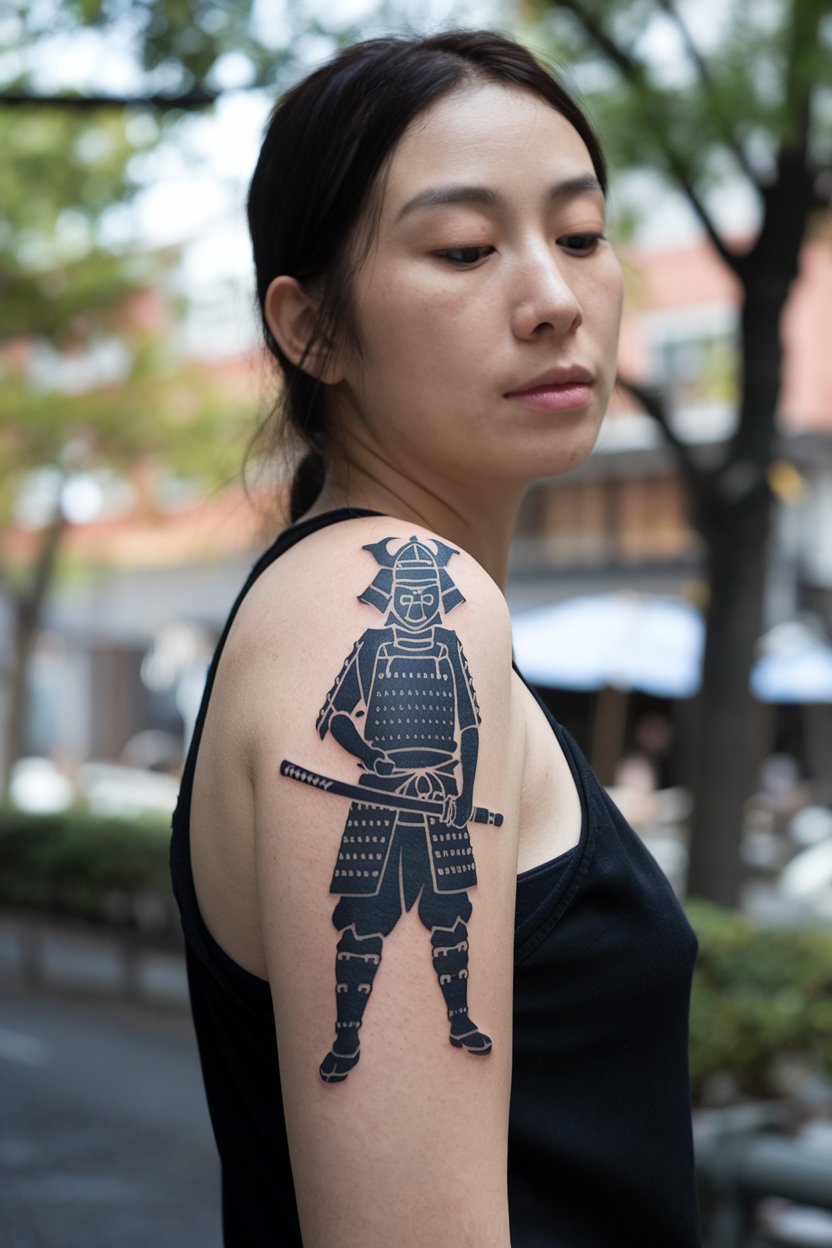 A Japanese woman posing with her face visible and a subtle Samurai tattoo in minimalist style.