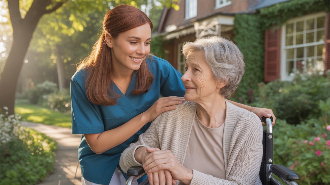 Caregiver offering companionship outdoors