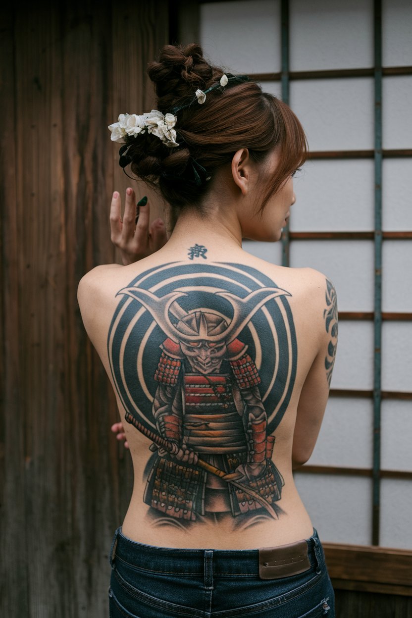 japanese woman with back tattoo samurai