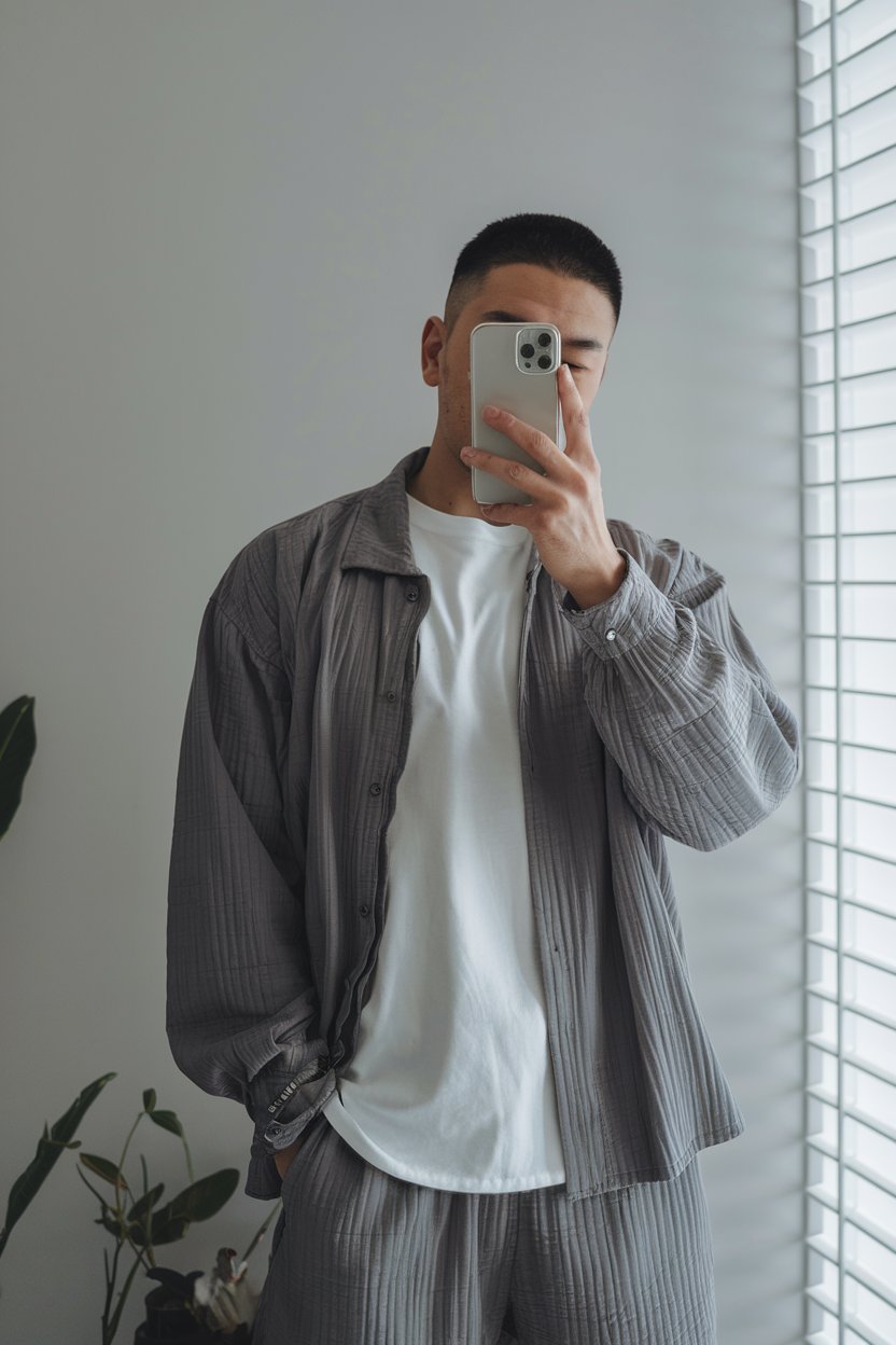 Japanese man taking a mirror selfie wearing
layered grey minimalist pieces with smooth textures and clean shapes — japanese mens minimalist style.