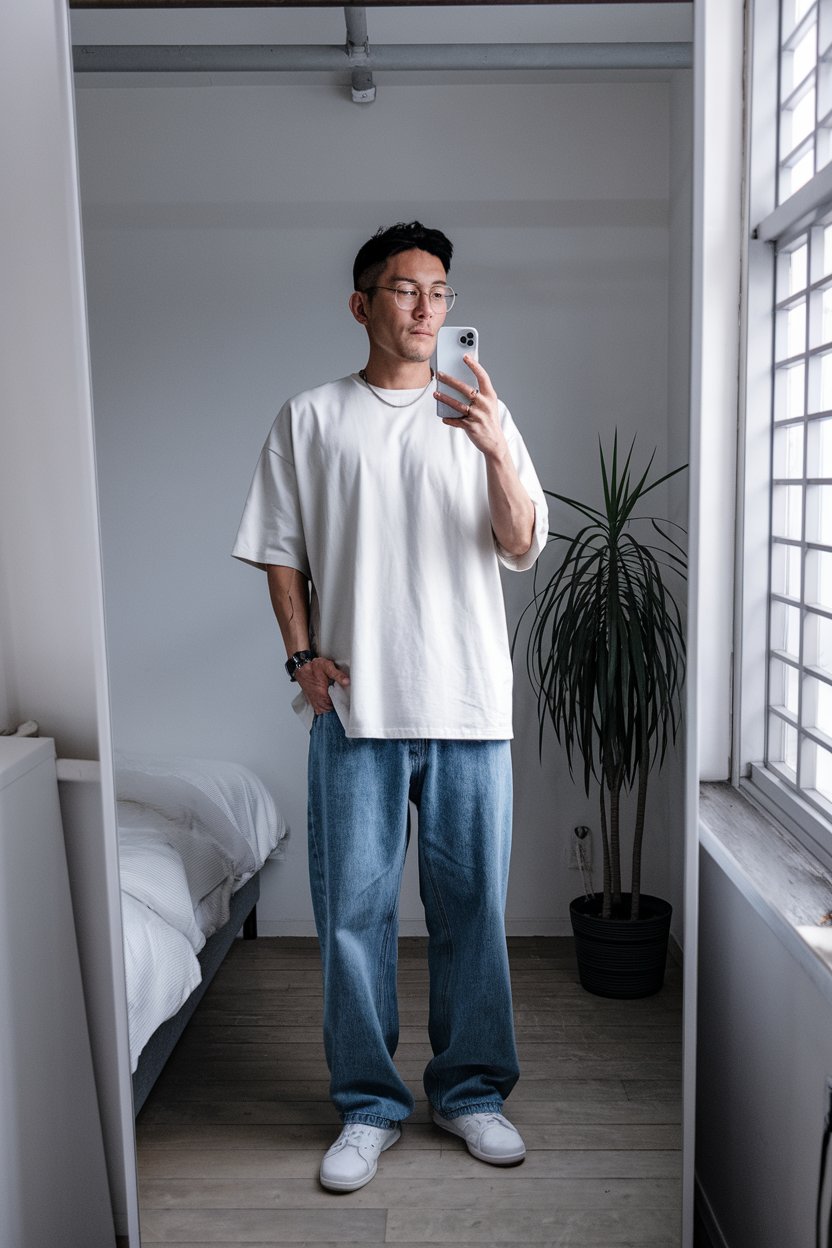 Japanese man taking a mirror selfie wearing an
oversized t-shirt with relaxed denim jeans, modern minimal room — japanese mens casual everyday style.