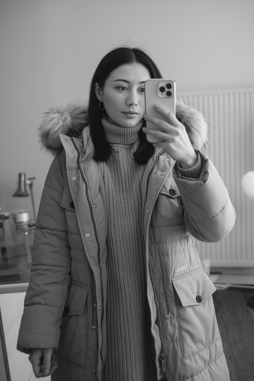 Japanese woman taking a mirror selfie with
structured winter coat layered over a knit dress, clean professional background — japanese women winter streetwear.