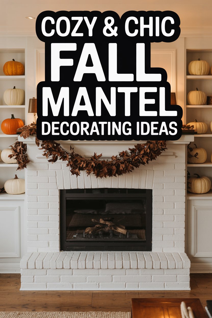 “Cozy fall fireplace mantel with a garland of leaves and berries”

