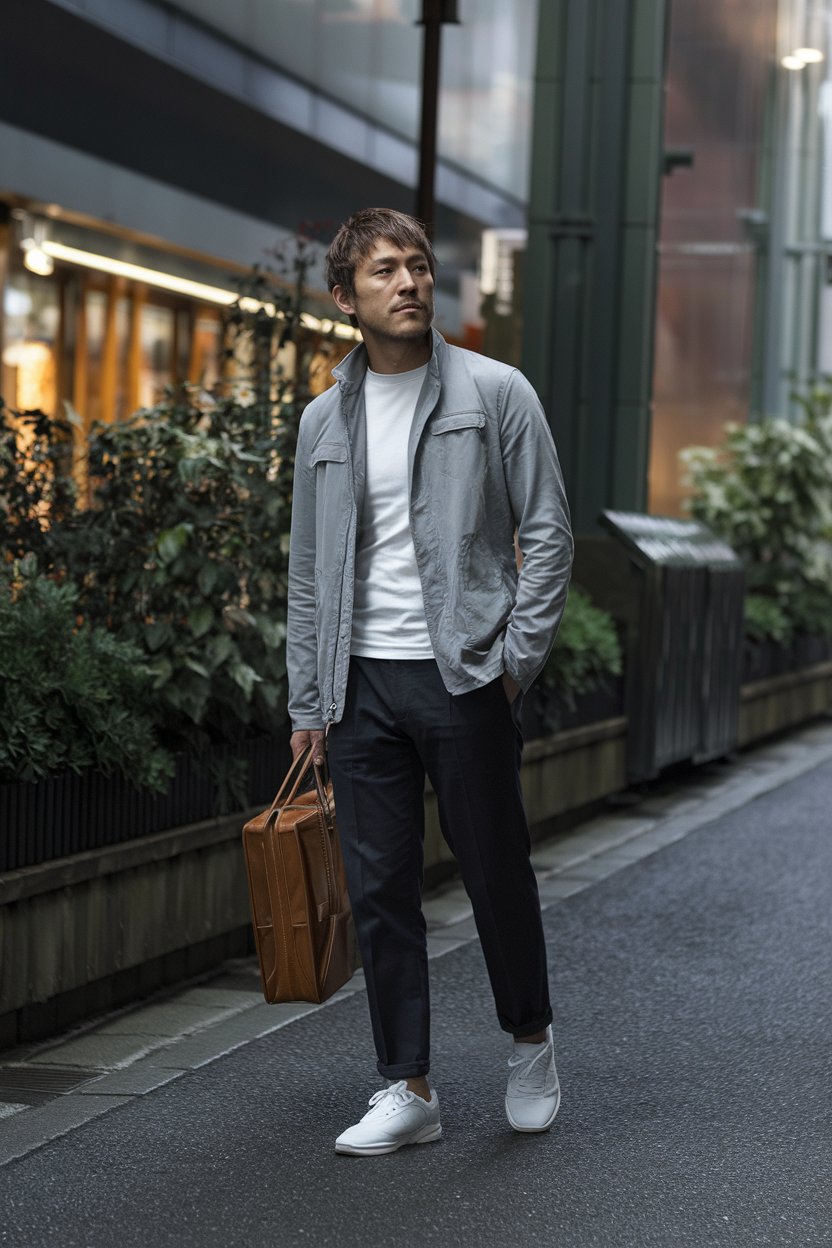 Japanese man wearing high-end casual
minimalist outfit with luxury basics, stylish Tokyo surroundings — mens japanese fashion.