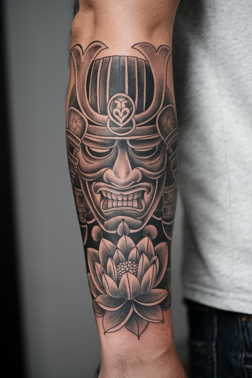 Samurai Tattoo forearm A detailed black and grey
tattoo of a samurai mask and lotus flower covers the forearm.