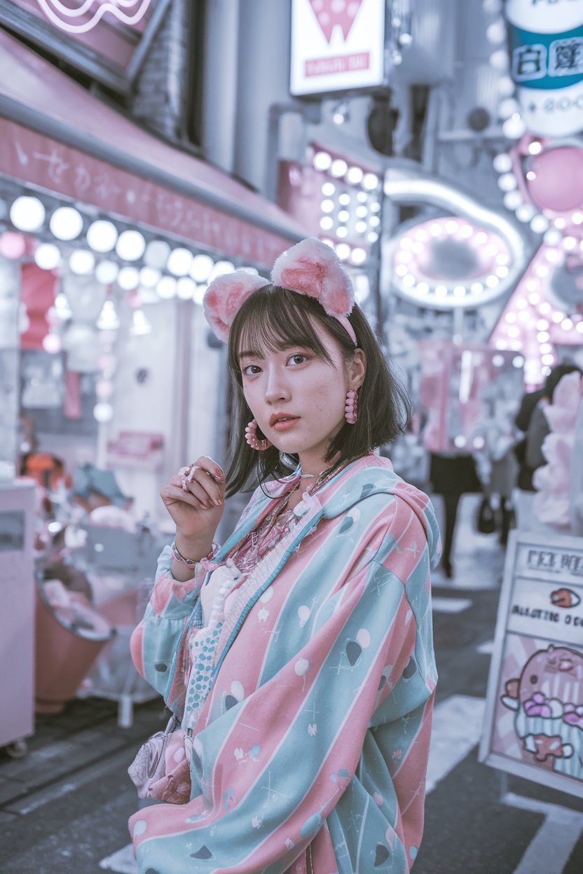 A photo of a Japanese woman wearing colorful
kawaii-style clothing and pastel accessories. She has a playful Harajuku-inspired look. The woman is standing in a cute Tokyo street filled with bright signs and soft colors. The atmosphere is vibrant and cheerful.