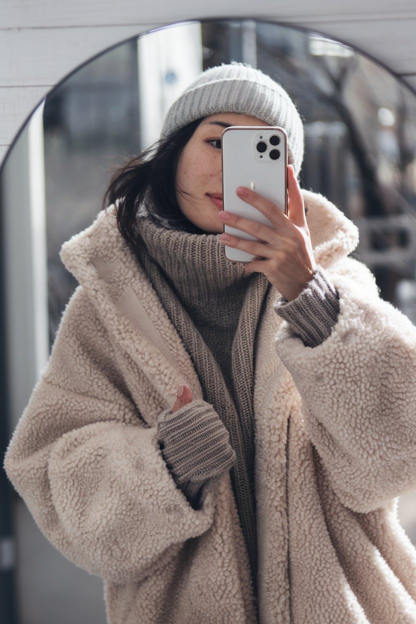 Japanese woman taking a mirror selfie wearing
an oversized wool winter coat and textured knit layers, soft natural lighting — japanese women winter streetwear.