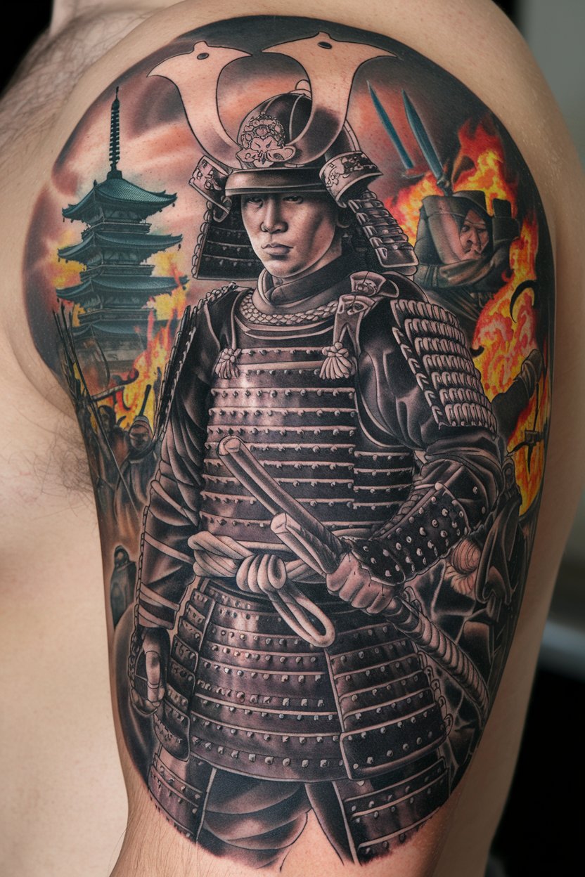 "Samurai Tattoo design warriors A detailed tattoo
of a samurai in traditional armor with a pagoda and battle scene in the background.