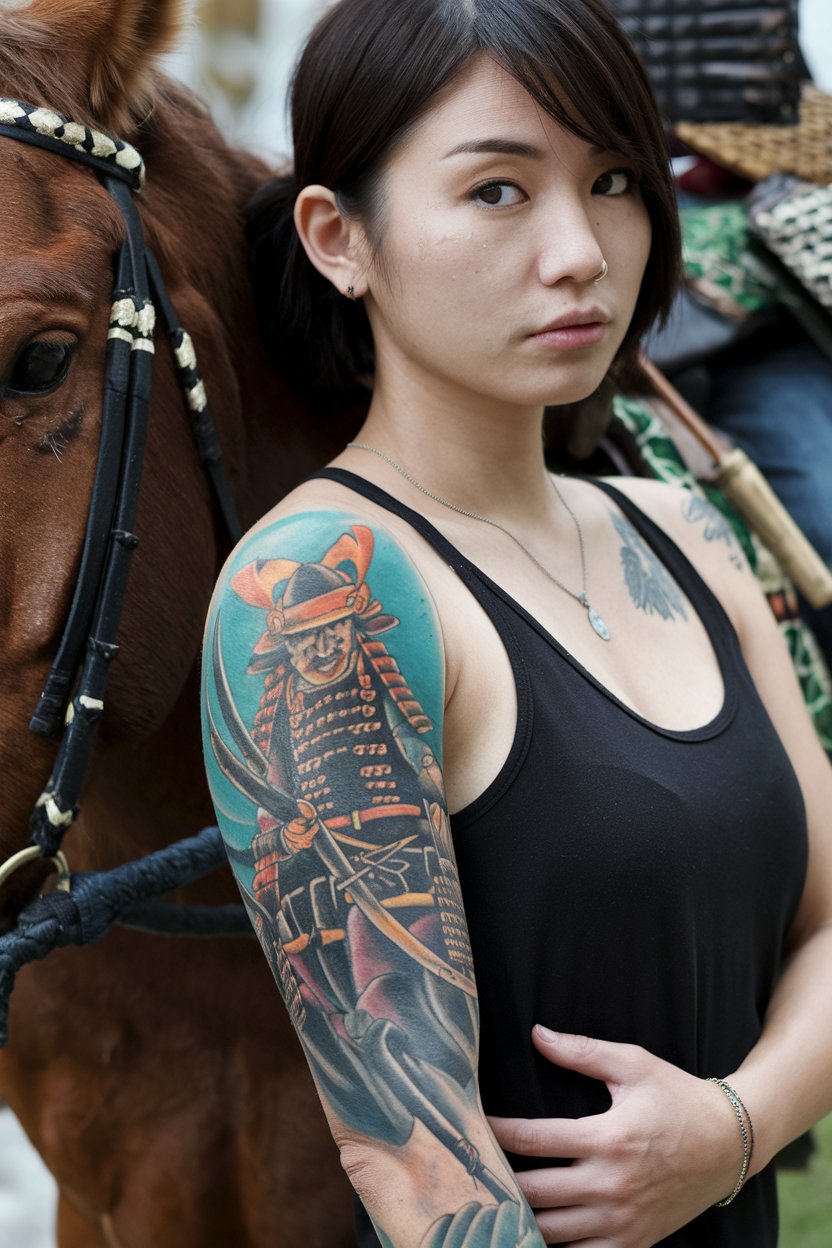 A woman with an intricate samurai tattoo wrapped around her arm, shown in sharp focus.
