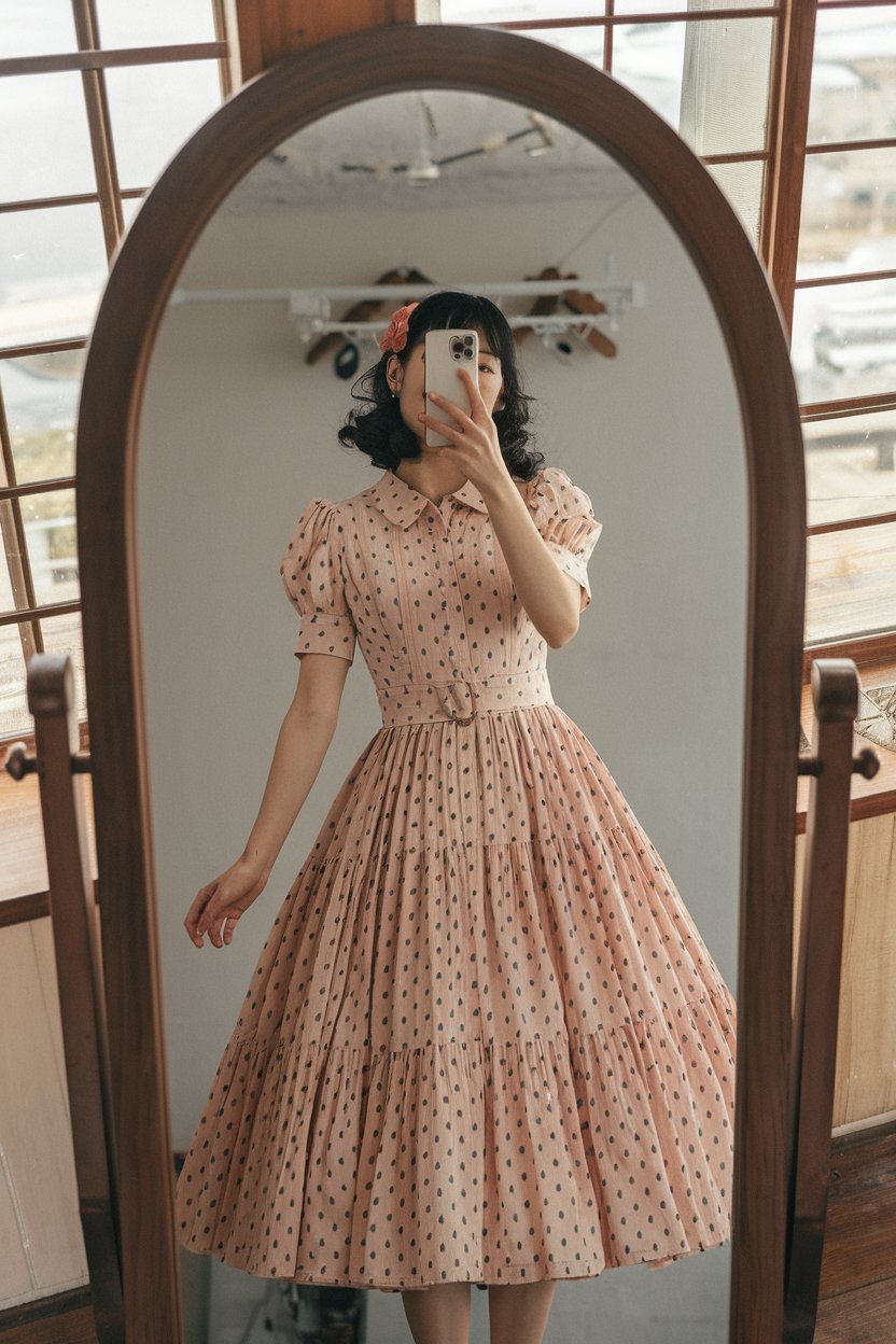 Japanese woman taking a mirror selfie wearing a
structured retro dress with flowing skirt and vintage details — japanese women vintage fashion.