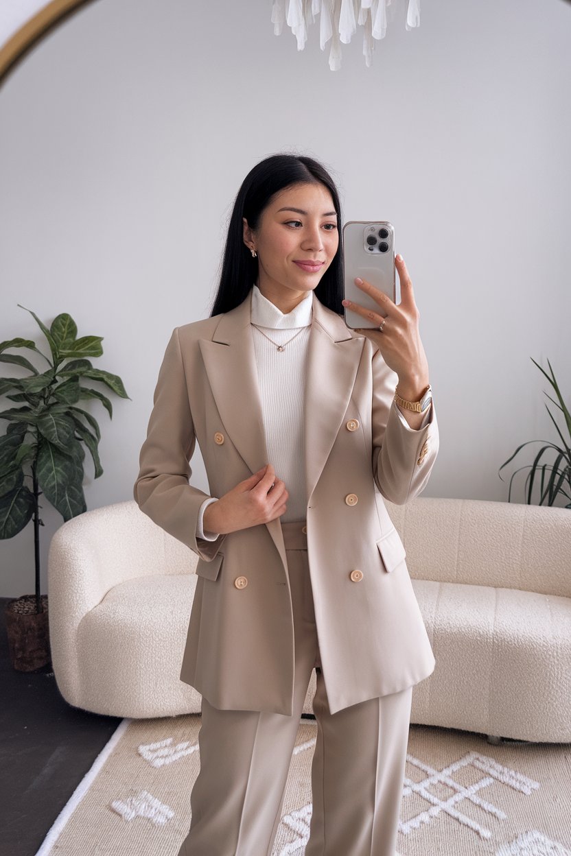Japanese woman taking a mirror selfie wearing a
soft neutral executive office outfit in beige and taupe, clean bright space — women neutral tone office fashion.