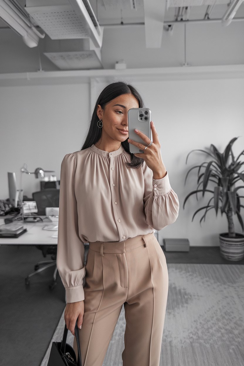 Japanese woman taking a mirror selfie wearing a
soft feminine blouse with tailored trousers, clean modern interior — women modern feminine office style.