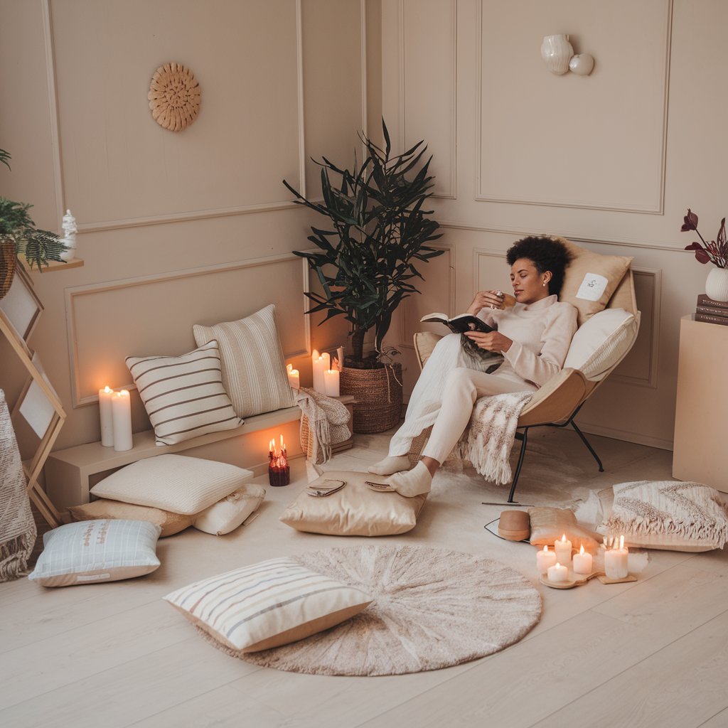 A cozy, clean, and minimal room with calming elements like candles, soft pillows, and plants, where a person is engaging in some form of self-care (like sipping tea or reading), symbolizing the act of protecting one's energy and peace.