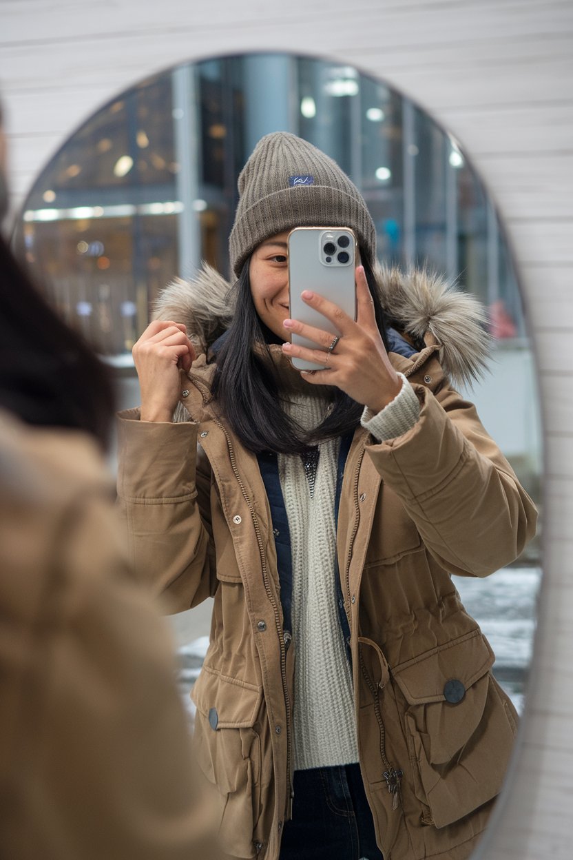 Japanese woman taking a mirror selfie wearing
technical winter coat with breathable knit layers, travel-ready interior — japanese women winter streetwear.