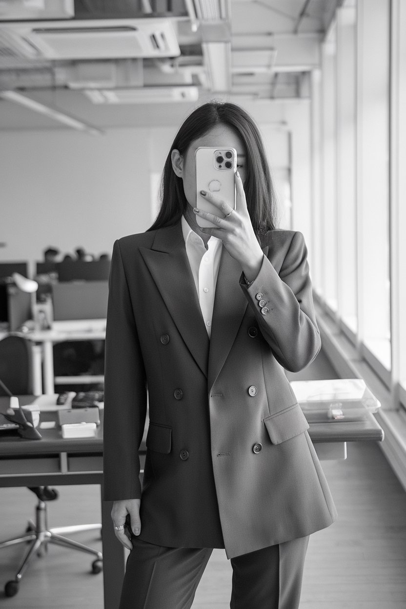 Japanese woman taking a mirror selfie wearing a
structured blazer with strong shoulders and tailored trousers, clean office interior — women structured blazer office style.