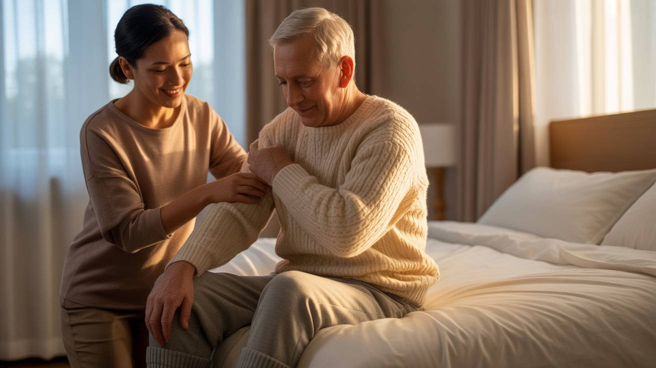 Carer smiling with elderly client