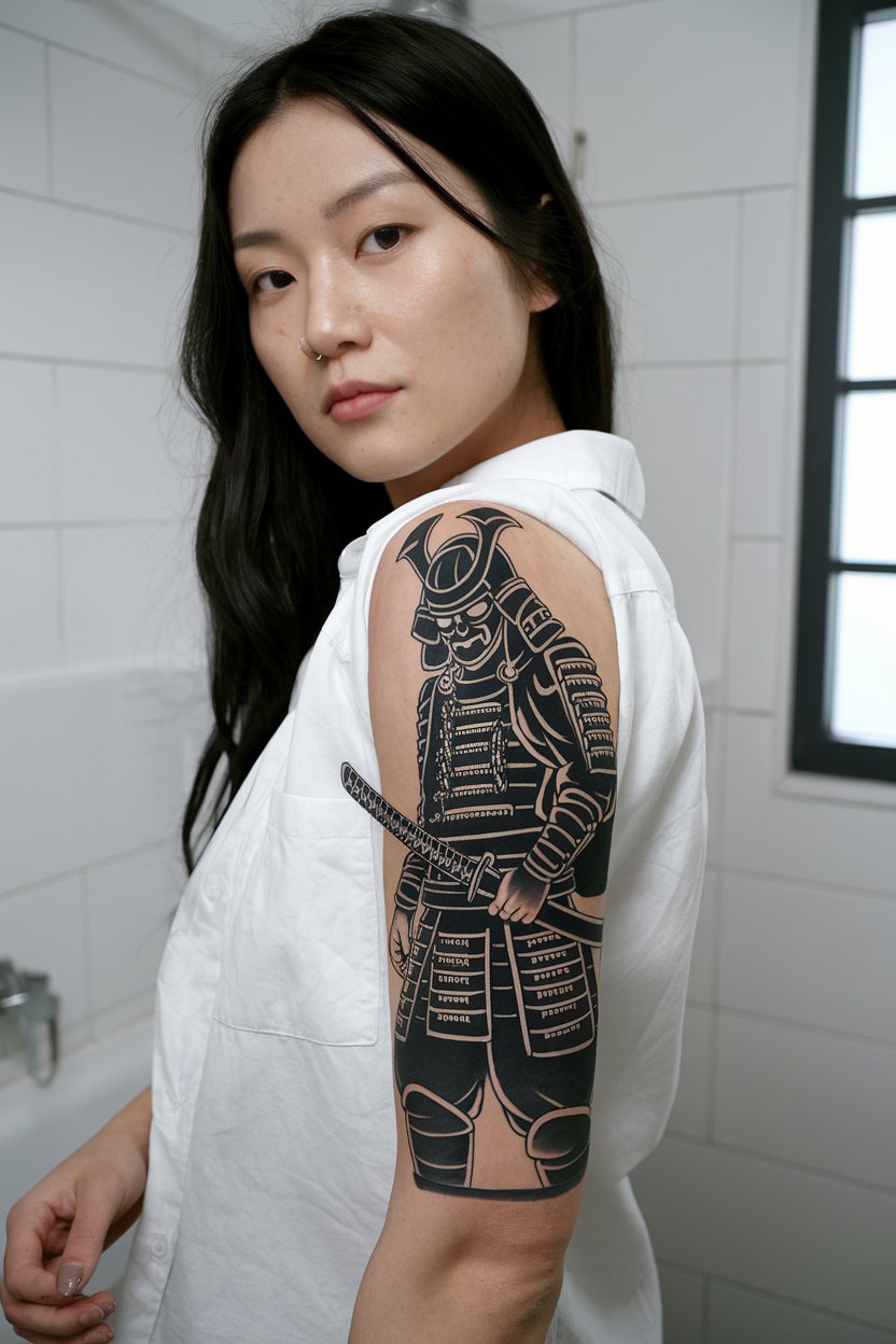 A portrait of a Japanese woman highlighting her minimalist Samurai tattoo and facial expression.