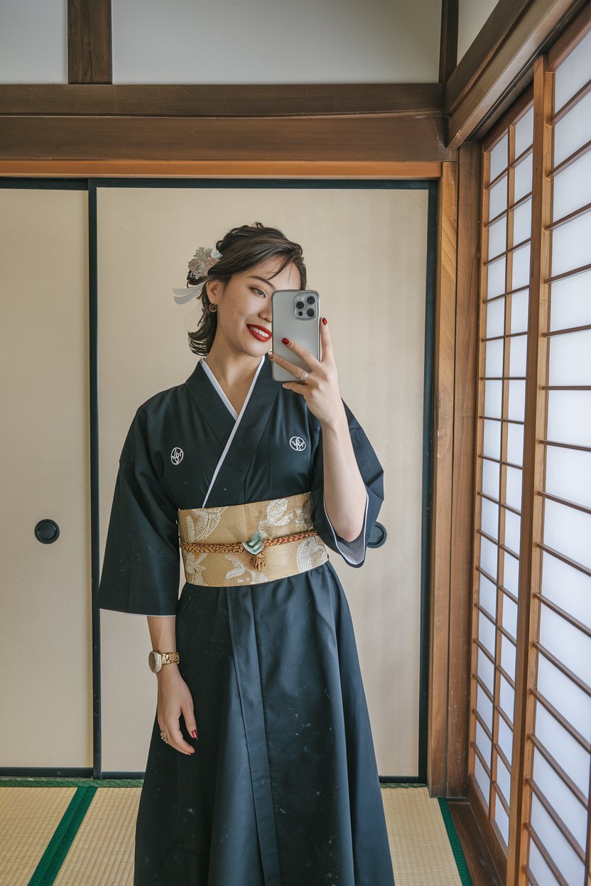 Japanese woman taking a mirror selfie wearing a
modern dress with an obi-inspired belt and subtle traditional accents — japanese women traditional clothing.
