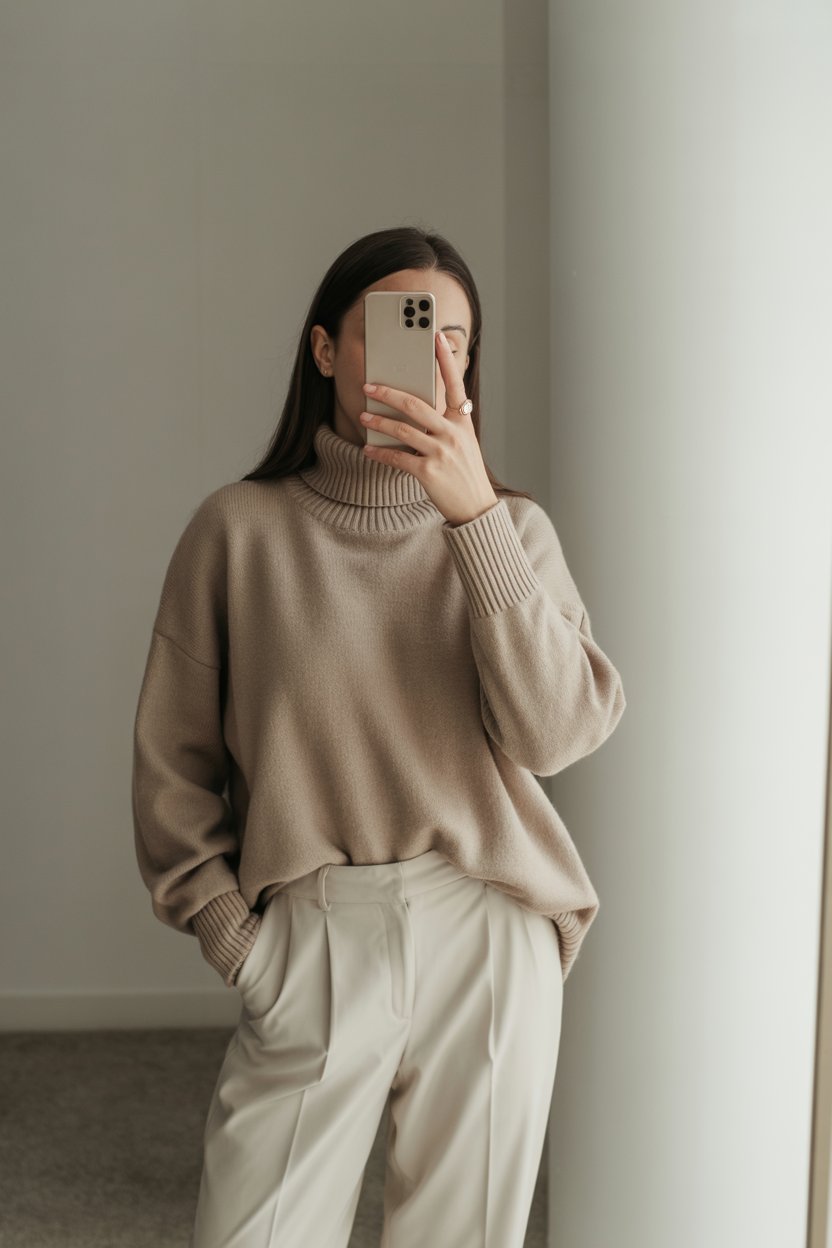 Woman capturing a mirror selfie in a beige winter
outfit featuring a soft turtleneck and tailored trousers. Her face is not visible, creating a calm, sophisticated tone.