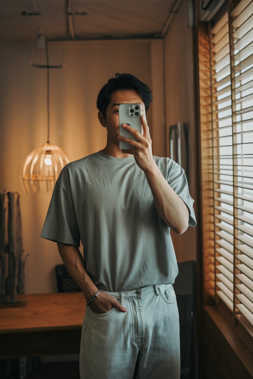 Japanese man taking a mirror selfie in a soft
loose t-shirt and light-wash denim, warm minimal lighting — japanese mens casual everyday style.