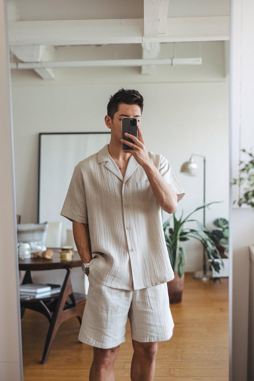 Japanese man taking a mirror selfie in a
neutral-toned lightweight summer shirt with tailored shorts, clean bright interior — japanese mens summer outfits.