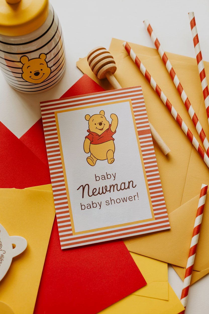 red and yellow  Winnie the Pooh baby shower invitations 