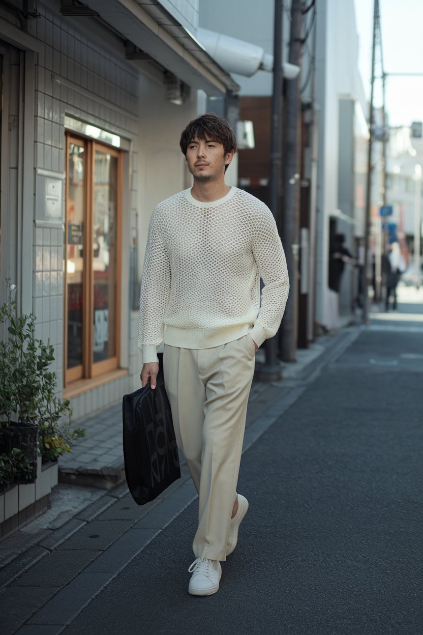 Japanese man in lightweight knit and clean
trousers, minimalist Daikanyama street scene — japanese male fashion.