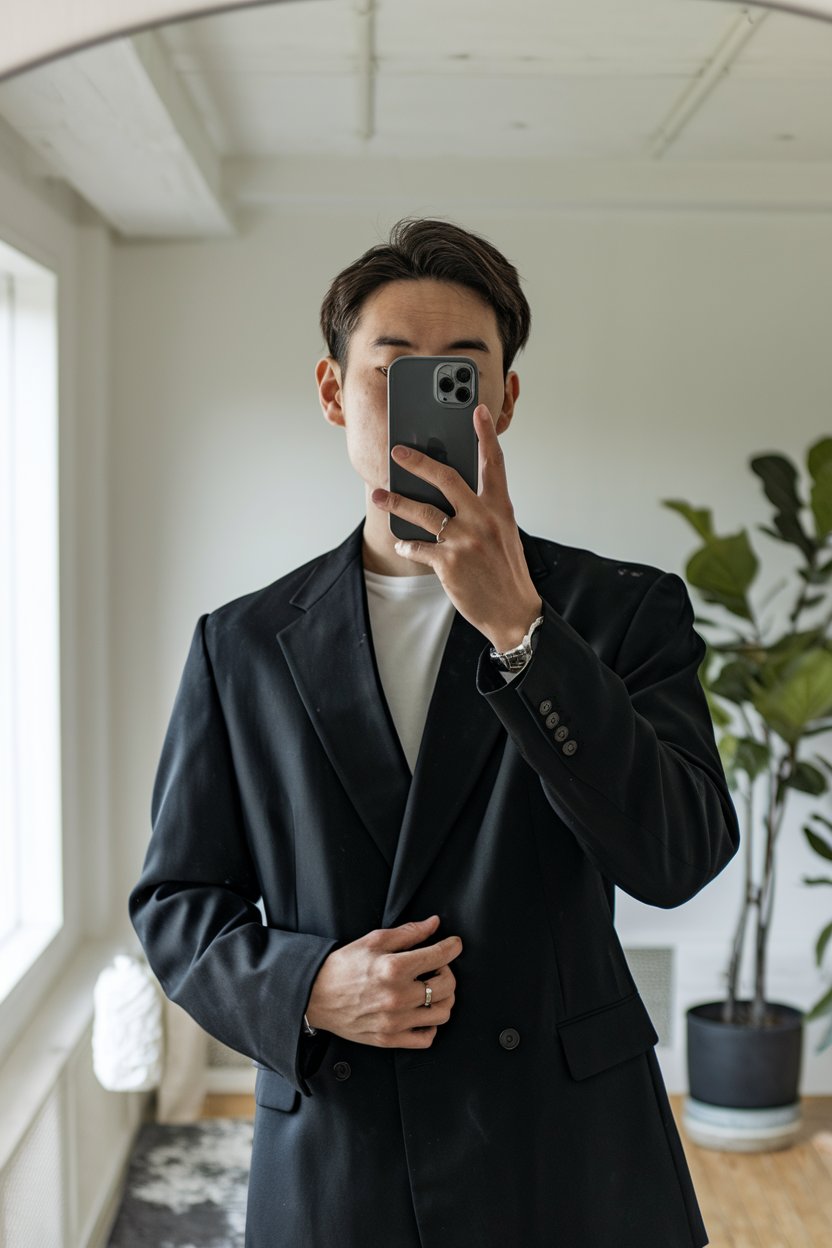 Japanese man taking a mirror selfie wearing an
all-black minimalist outfit with clean, sharp lines, soft natural lighting — japanese mens minimalist style.