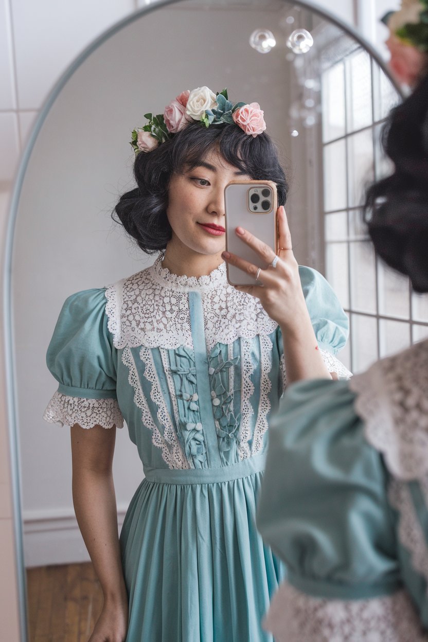 Japanese woman taking a mirror selfie in a
lace-trimmed vintage dress with soft textures and pastel tones — japanese women vintage fashion.