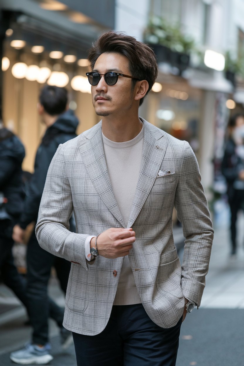 Japanese man in smart layered business-casual
outfit with light blazer and knit tee, upscale Omotesandō street scene — japanese street wear mens.