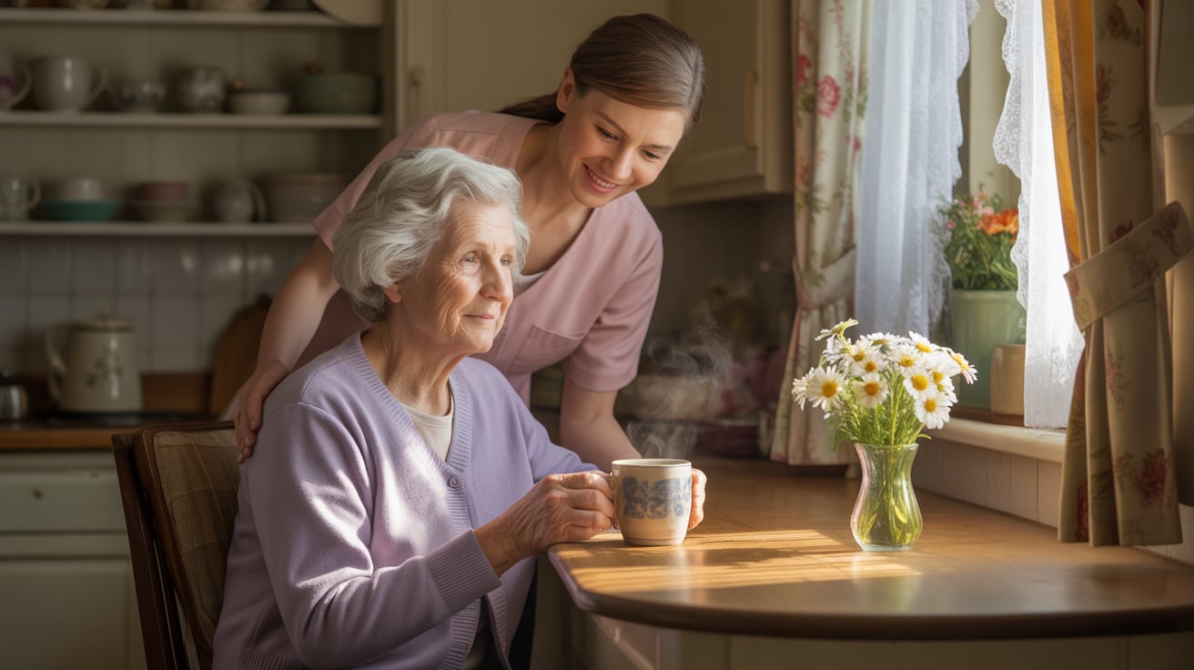 Elderly woman with carer enjoying a walk outdoors