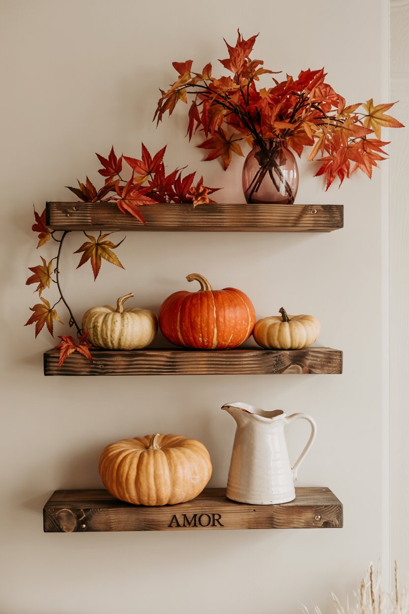 Warm fall kitchen lighting with a cozy lamp and fall decorations

