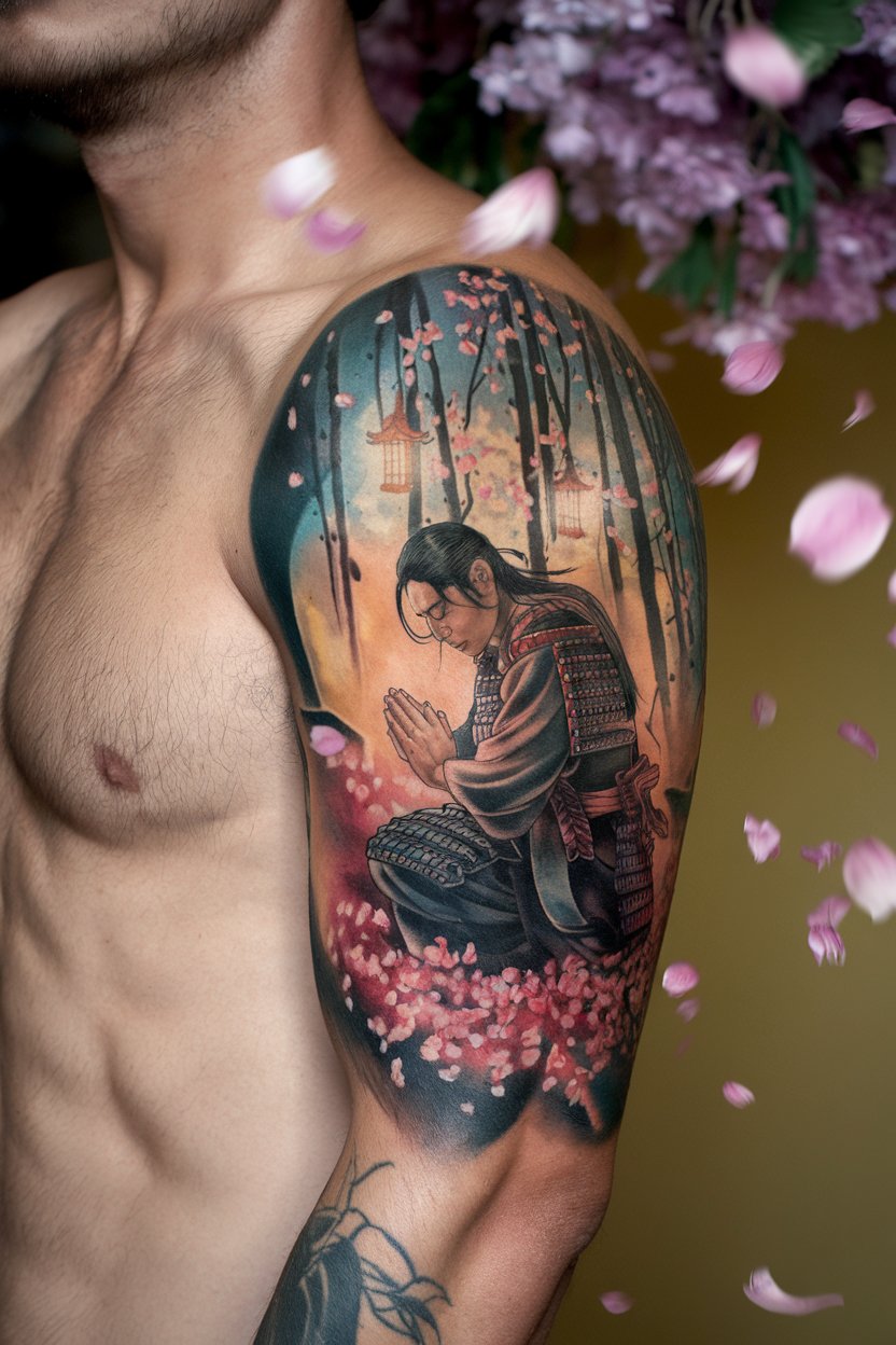 The image shows a kneeling samurai praying, surrounded by lantern light and drifting petals.