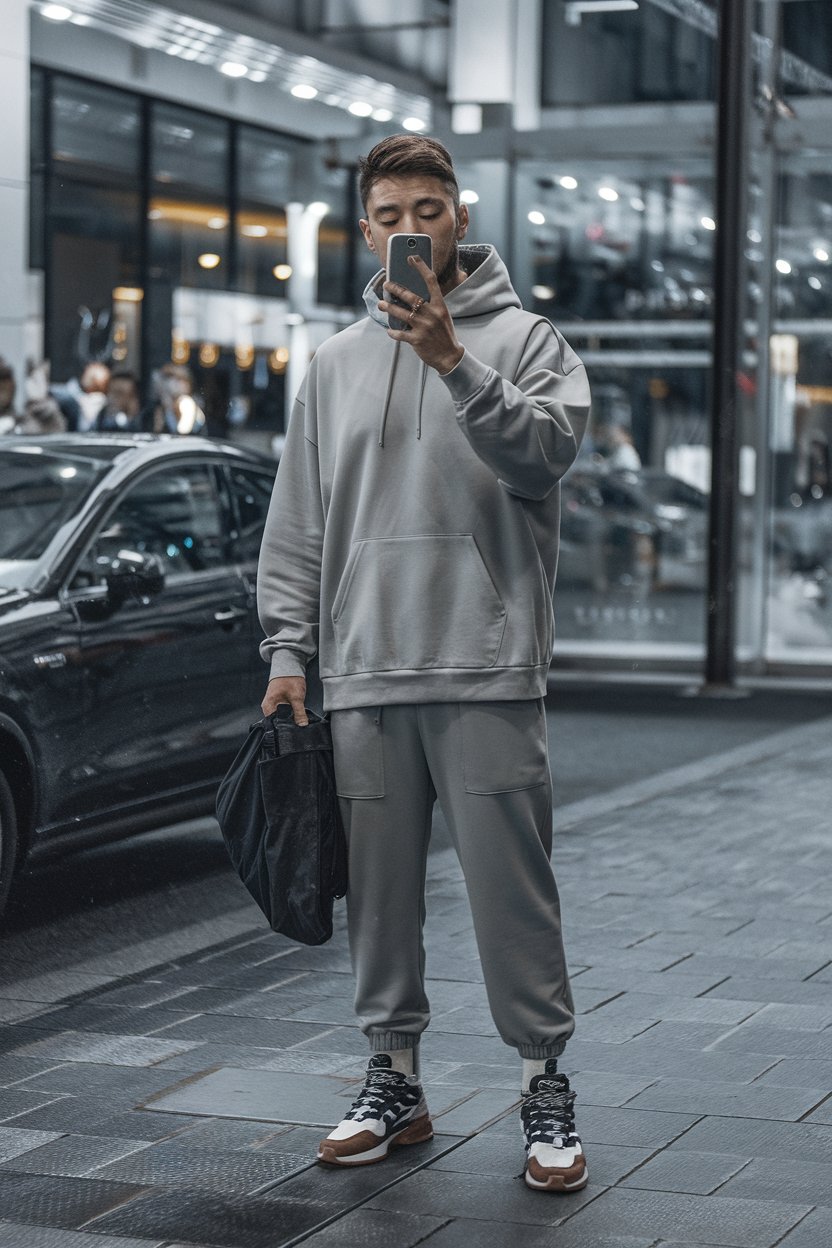 Japanese man taking a mirror selfie in a sporty
oversized hoodie with jogger pants and standout sneakers — japanese mens streetwear.