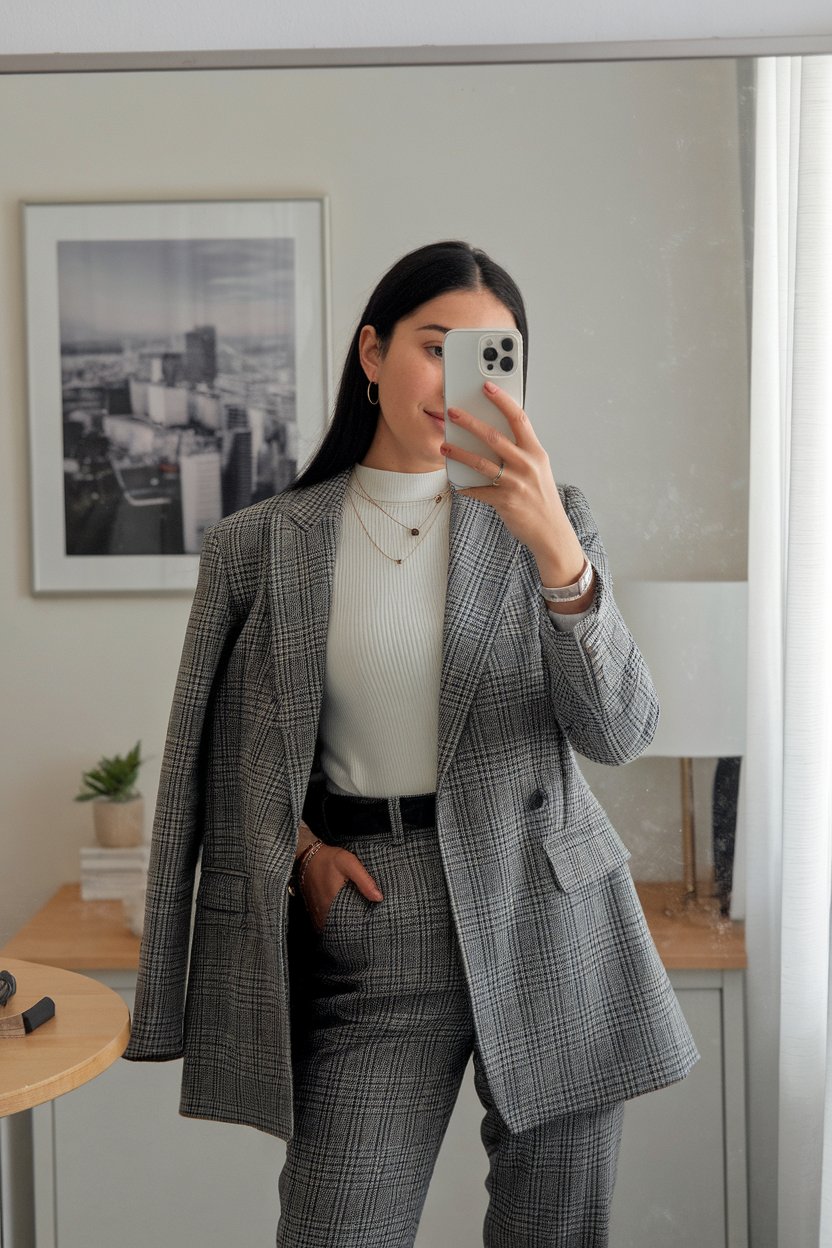 Japanese woman taking a mirror selfie wearing a
structured clean-cut office outfit layered with a blazer, refined workspace — women clean cut office wear.