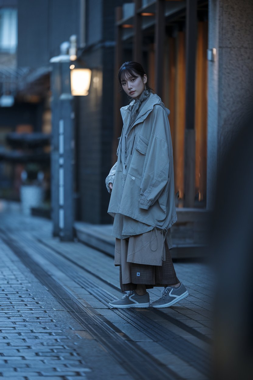 A Japanese woman in casual-chic streetwear, shown alone in a neon-lit city setting.