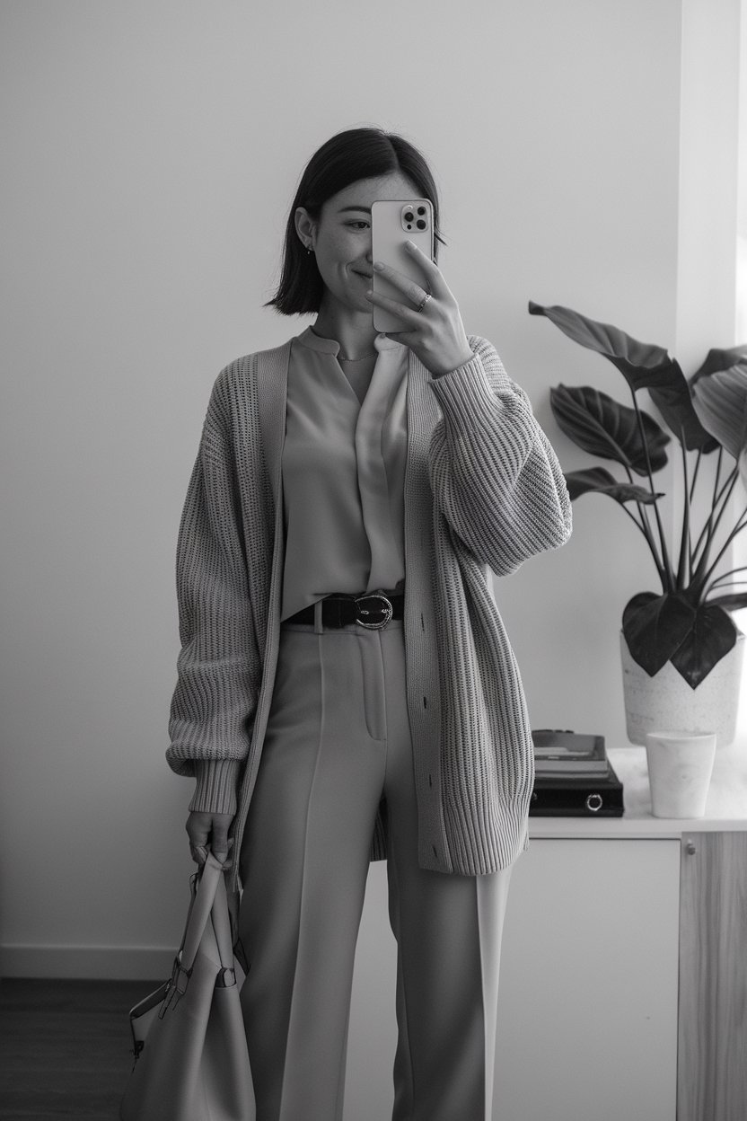 Japanese woman taking a mirror selfie wearing a
clean cardigan layered over a blouse with straight-leg pants, sleek office environment — women elegant business cardigan style.