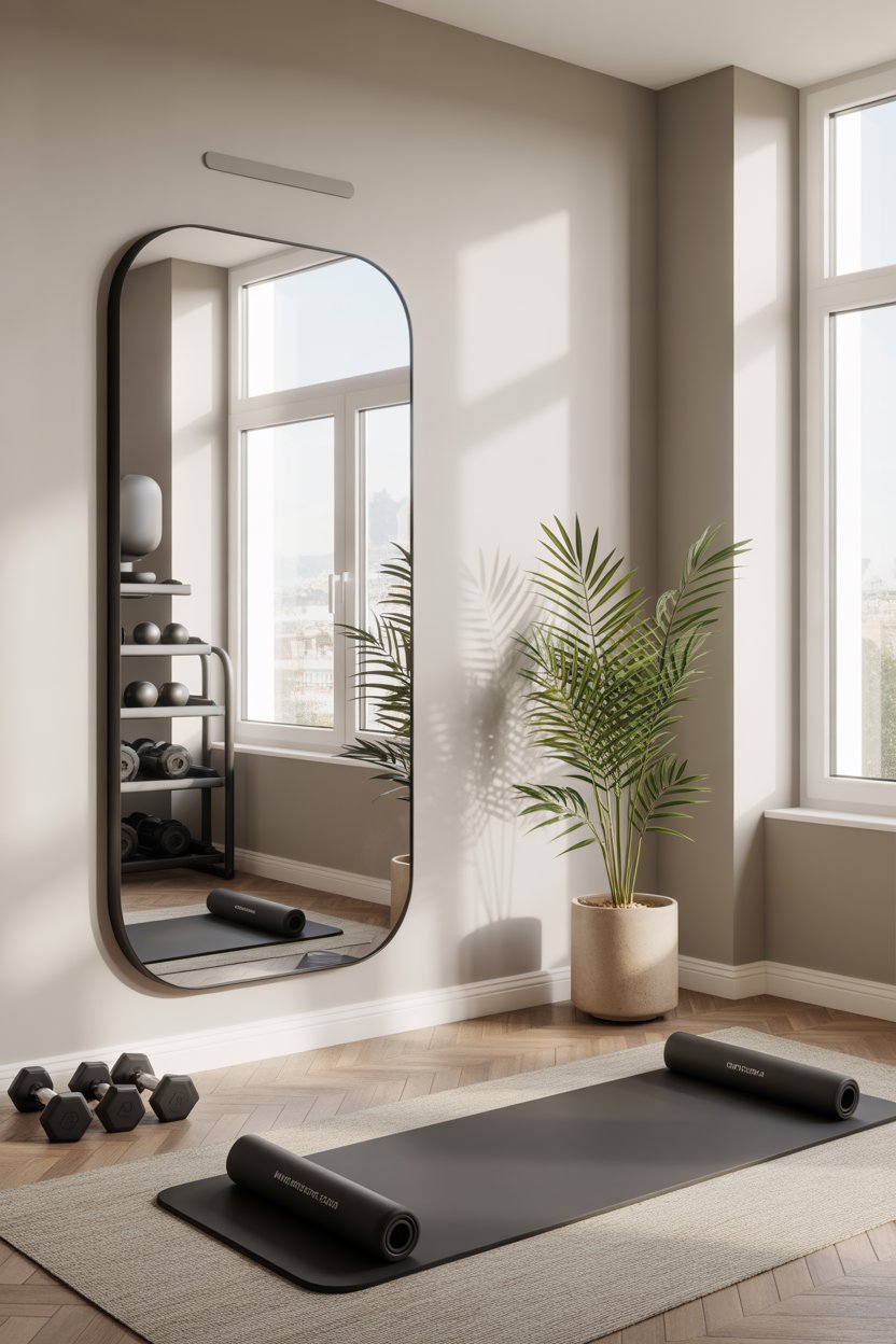 Corner home gym setup with bench and dumbbells