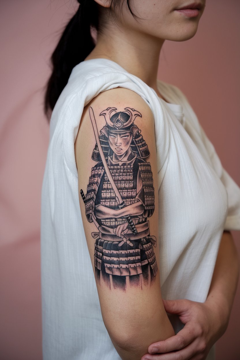 japanese woman with Samurai Tattoo on her forearm Spirit Inked on Forearm