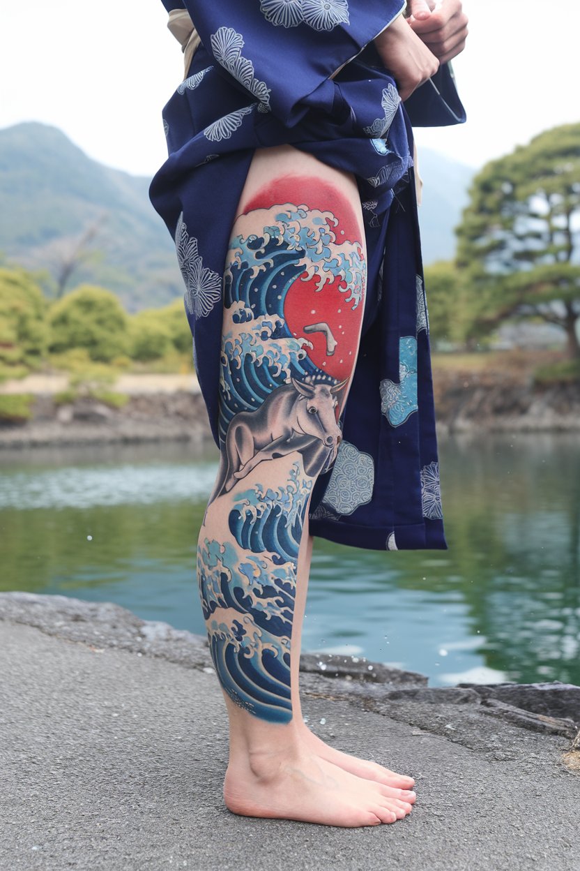 A stylized image of a Japanese woman whose face and Japanese leg tattoo are both prominently shown.